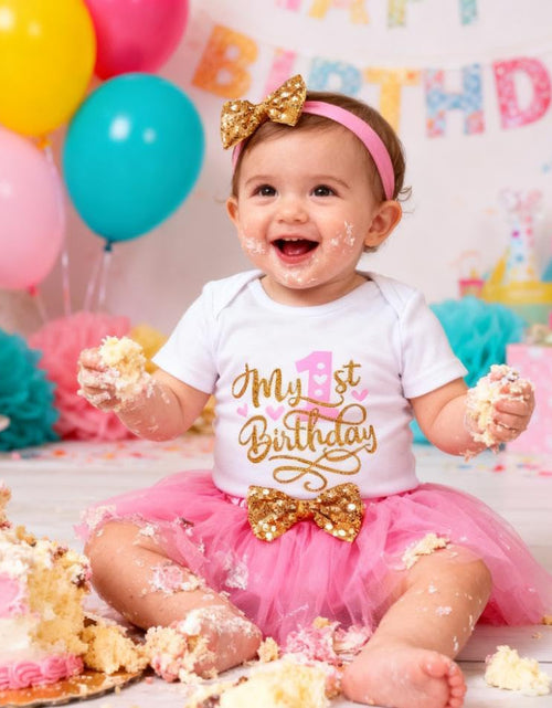 Load image into Gallery viewer, Baby Girl Birthday Cake Smash Outfit Toddler Girl My 1St Birthday Romper Tutu Skirt with Headband Clothes Set
